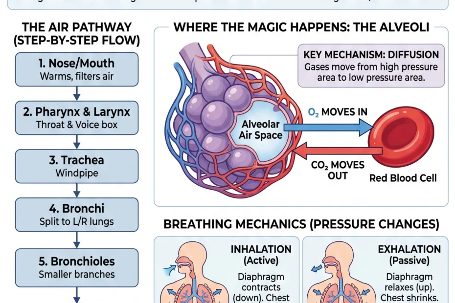 The human respiratory system explained how breathing and gas exchange occur in the lungs and alveoli for efficient oxygen intake.