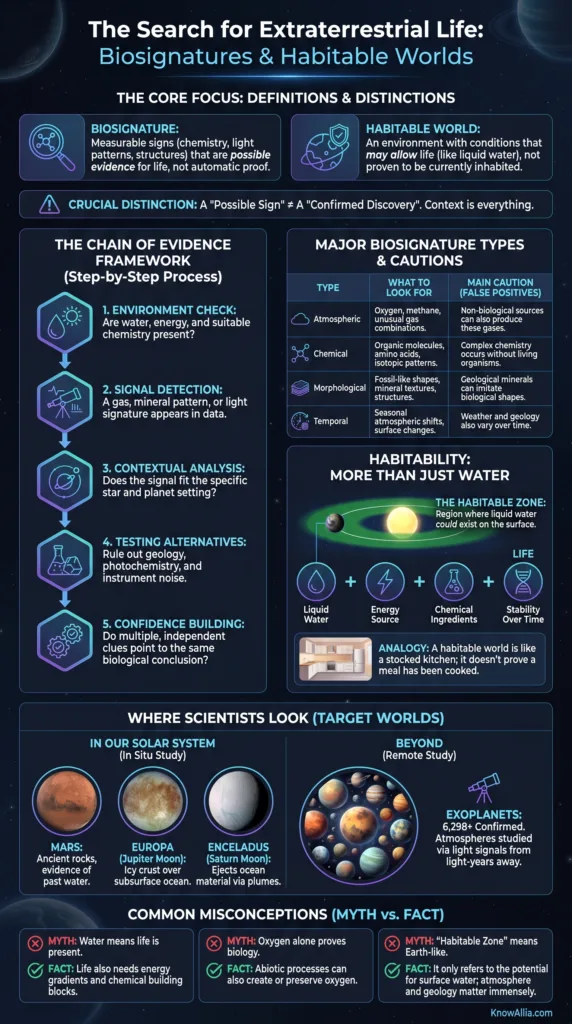 The search for extraterrestrial life infographic explains biosignatures and habitable worlds in the quest for alien life.