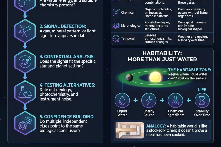 The search for extraterrestrial life infographic explains biosignatures and habitable worlds in the quest for alien life.