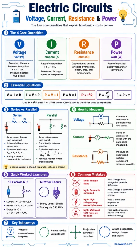Electric circuits explained cover voltage, current, resistance, and power with clear diagrams for easy understanding.