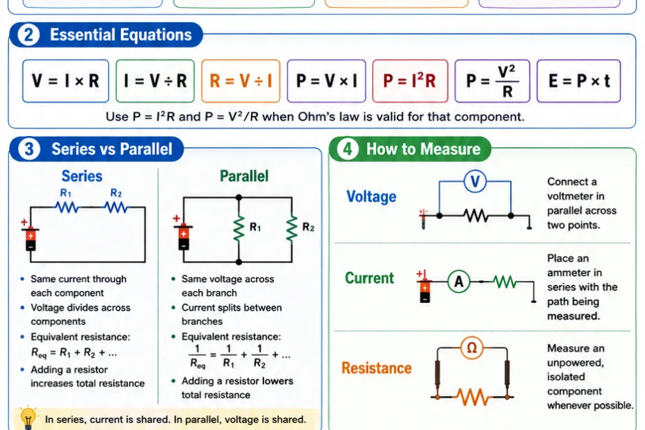 Electric circuits explained cover voltage, current, resistance, and power with clear diagrams for easy understanding.