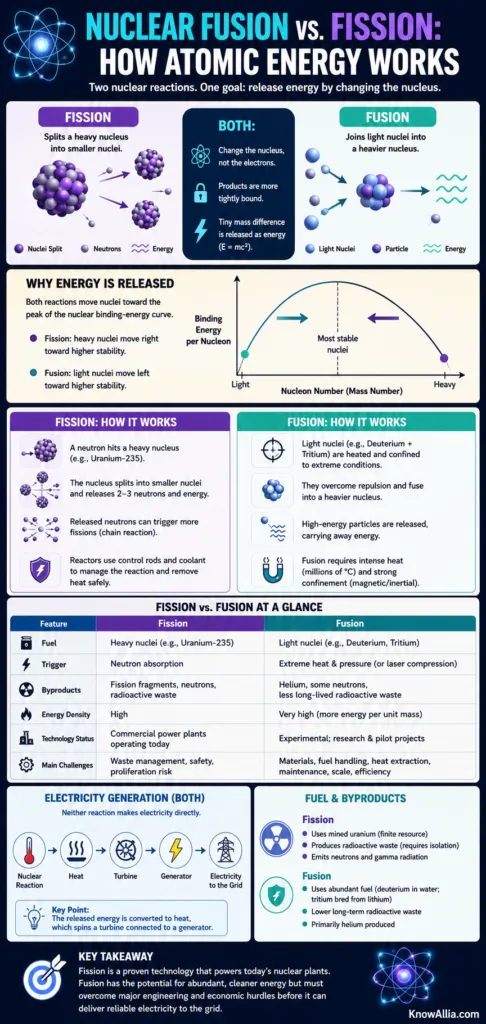 Nuclear fusion vs fission infographic comparing how atomic energy is generated through fusion and fission processes.
