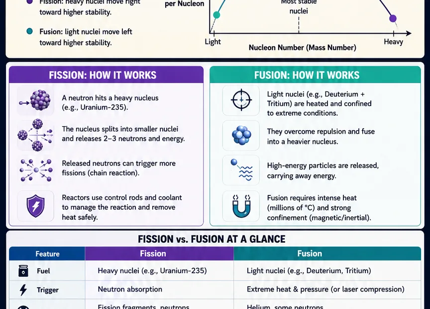 Nuclear fusion vs fission infographic comparing how atomic energy is generated through fusion and fission processes.