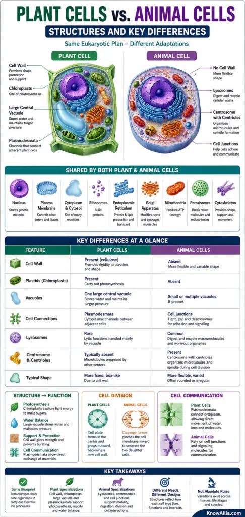 Plant cells vs animal cells: key structural differences and functions of each cell type explained visually.