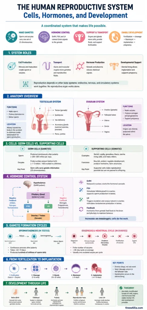 The human reproductive system explained, showing organs, cell development, and hormonal regulation in a clear infographic.