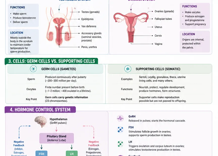 The human reproductive system explained, showing organs, cell development, and hormonal regulation in a clear infographic.