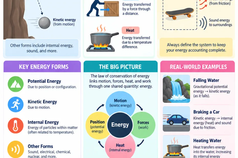 Conservation of energy explained, showing how energy transforms between motion, heat, and work in various systems.