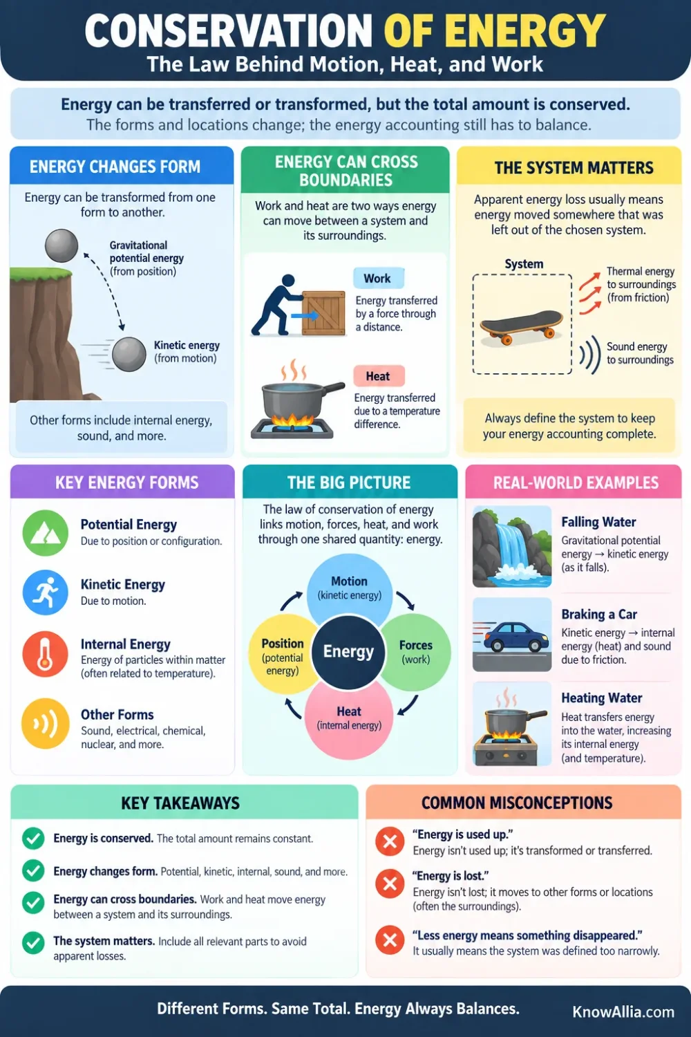 Conservation of energy explained, showing how energy transforms between motion, heat, and work in various systems.