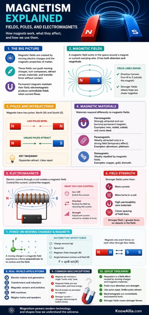 Magnetism explained with visuals of magnetic fields, poles, and electromagnets for better understanding of magnetic forces.