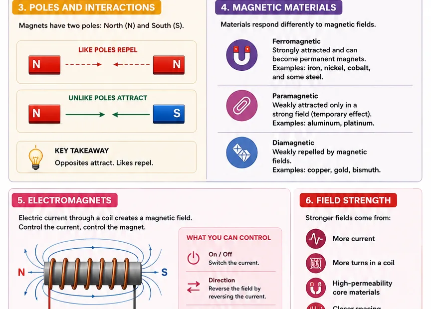 Magnetism explained with visuals of magnetic fields, poles, and electromagnets for better understanding of magnetic forces.