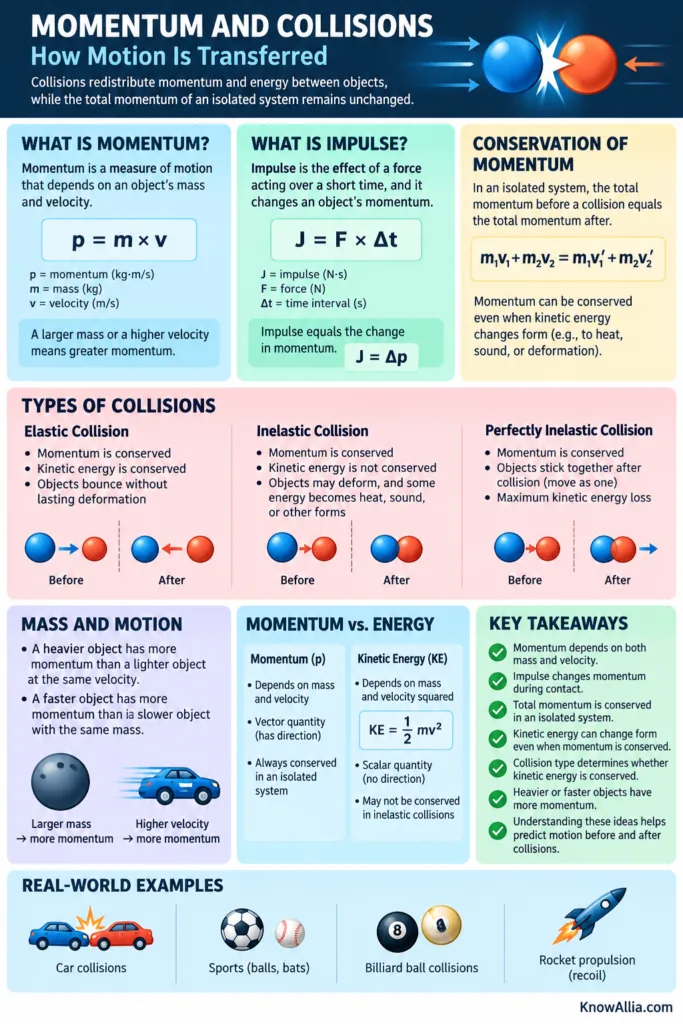 A clear visual explaining momentum and collisions, showing how motion transfers between objects in different collision types.