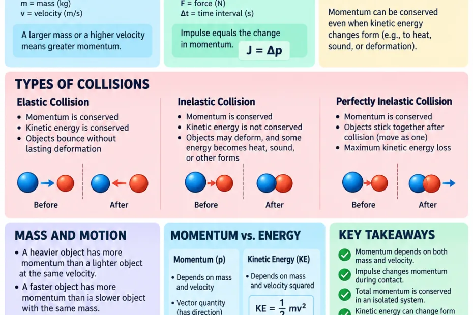A clear visual explaining momentum and collisions, showing how motion transfers between objects in different collision types.