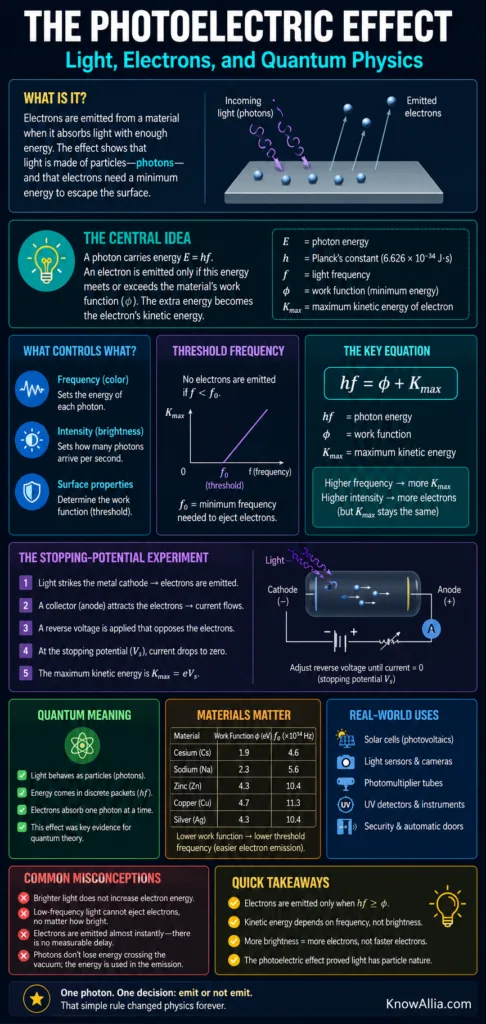 Photographic effect explained, showing how light causes electrons to be emitted from a metal surface in quantum physics.