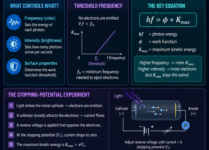 Photographic effect explained, showing how light causes electrons to be emitted from a metal surface in quantum physics.